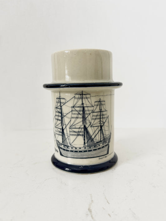 Vintage CCCC Japan Ceramic Candle Holder with Frigate Ship Illustration by Bruce E. Hart