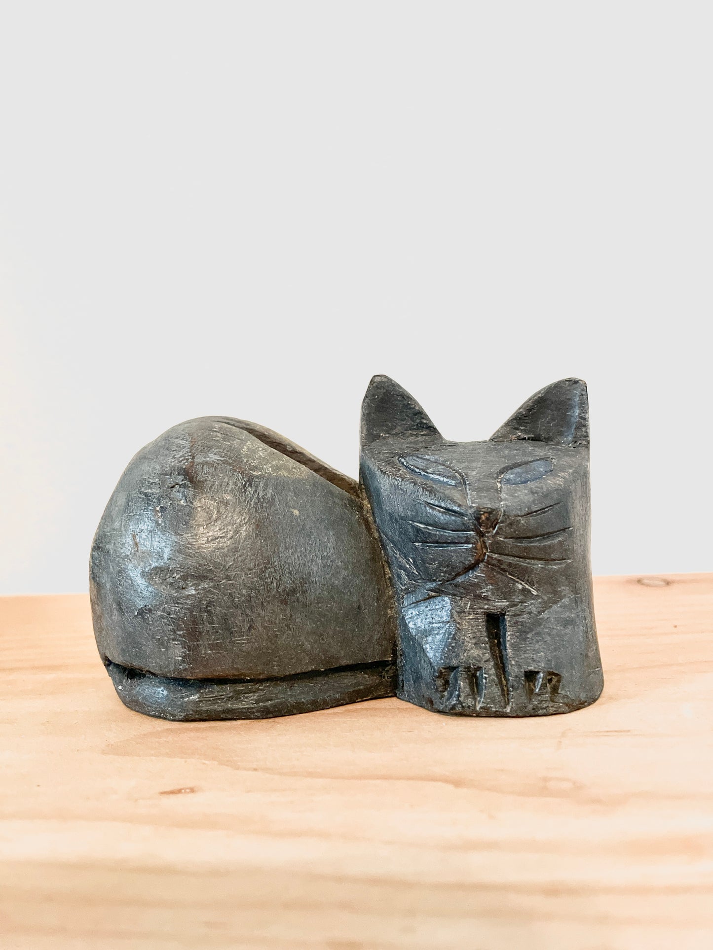 Sold - Folk Art Hand Carved Kittens Blue Eyes Made in Thailand