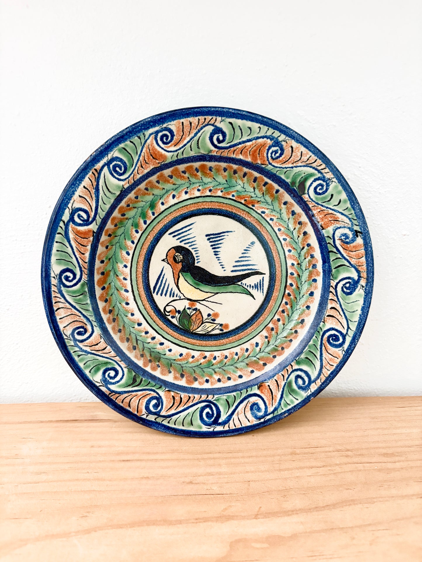 Vintage Mexican Pottery Plate – Hand-Painted Bird, Artist Signed
