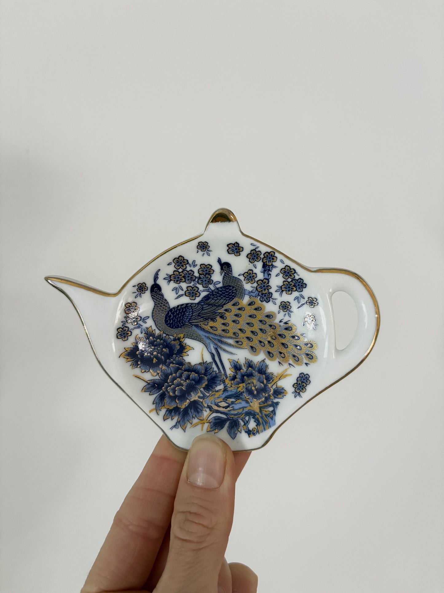 Sold - Grace’s Teaware Teabag Holders Teapot Shape Porcelain Tea Tidy Peacock Floral 2
