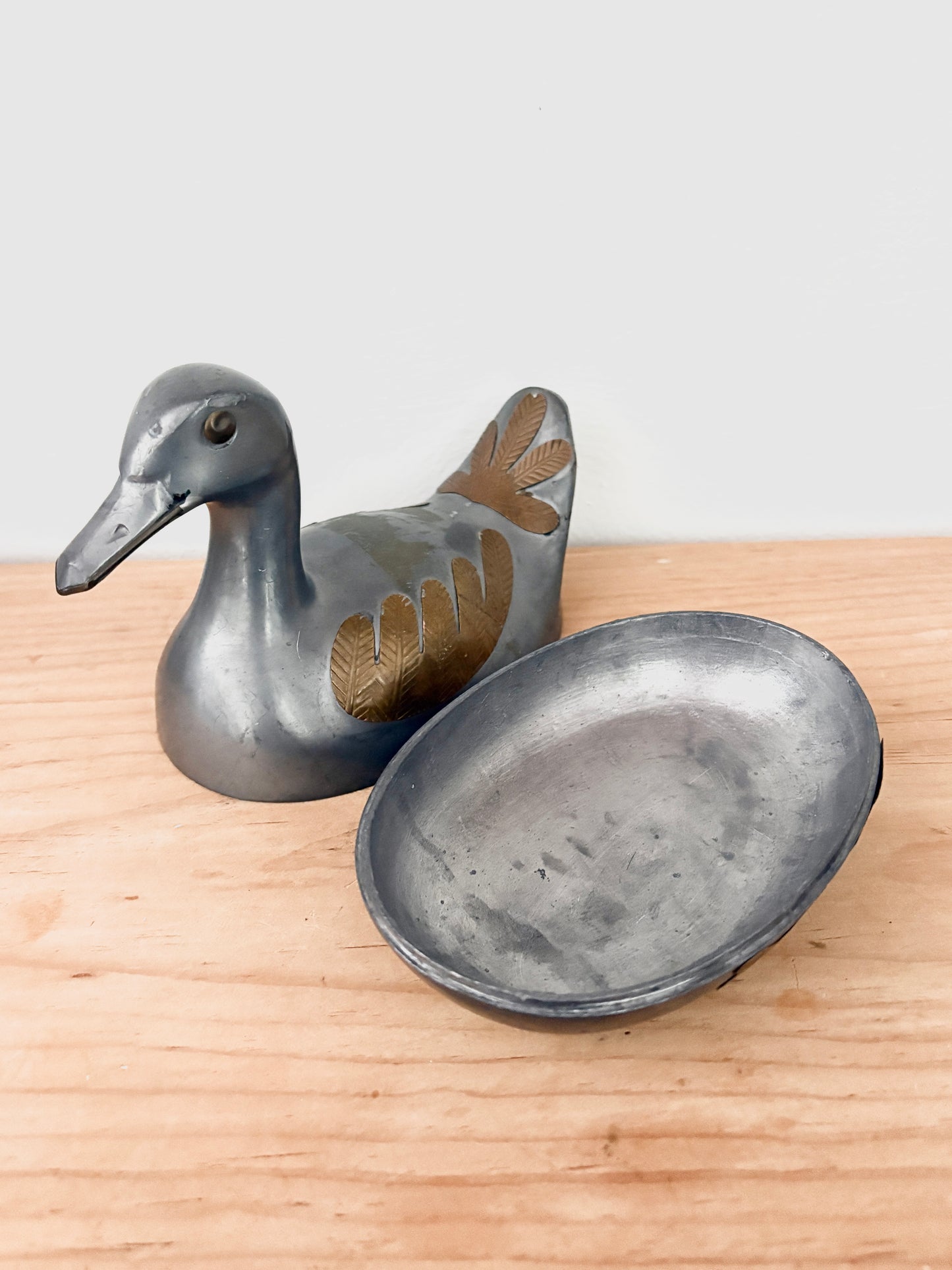 Vintage Pewter Duck Trinket Box with Brass Inlay