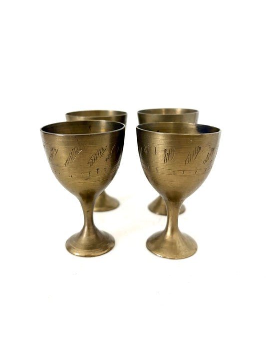 Set of 4 Etched Brass Shot Cups – Vintage-Inspired Barware