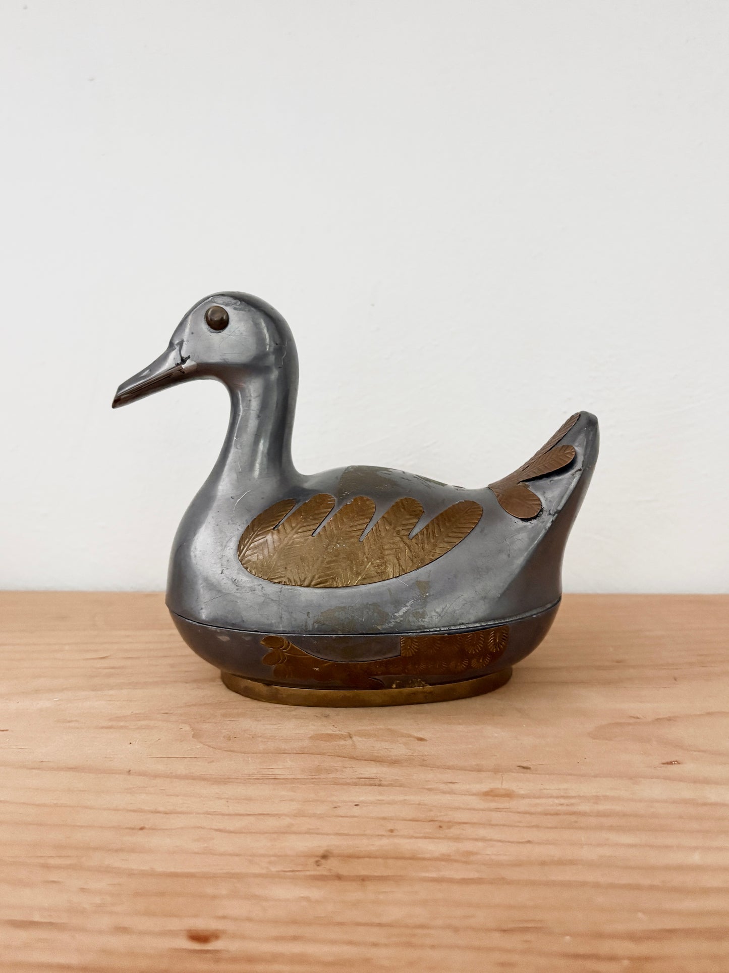 Vintage Pewter Duck Trinket Box with Brass Inlay