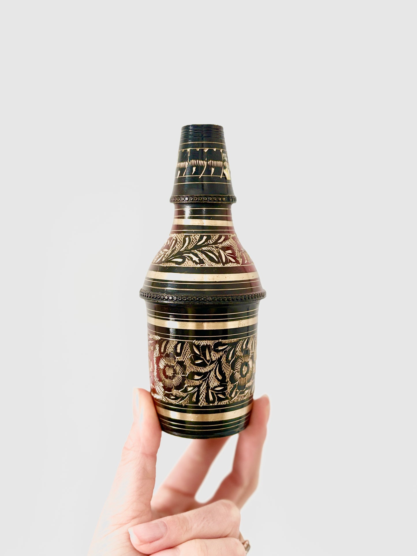 Handcrafted Brass Wine Bottle Cover (Pair) – Black Enamel with Gold Floral Engraving – Vintage Indian Decorative Bottle Sleeve