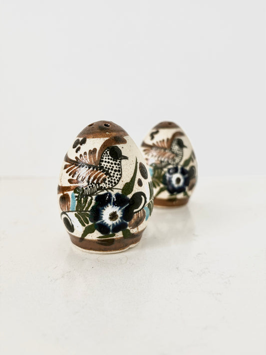 Mexican Tonala Salt and Pepper Shakers Floral Birds Quail Hand Painted Vintage