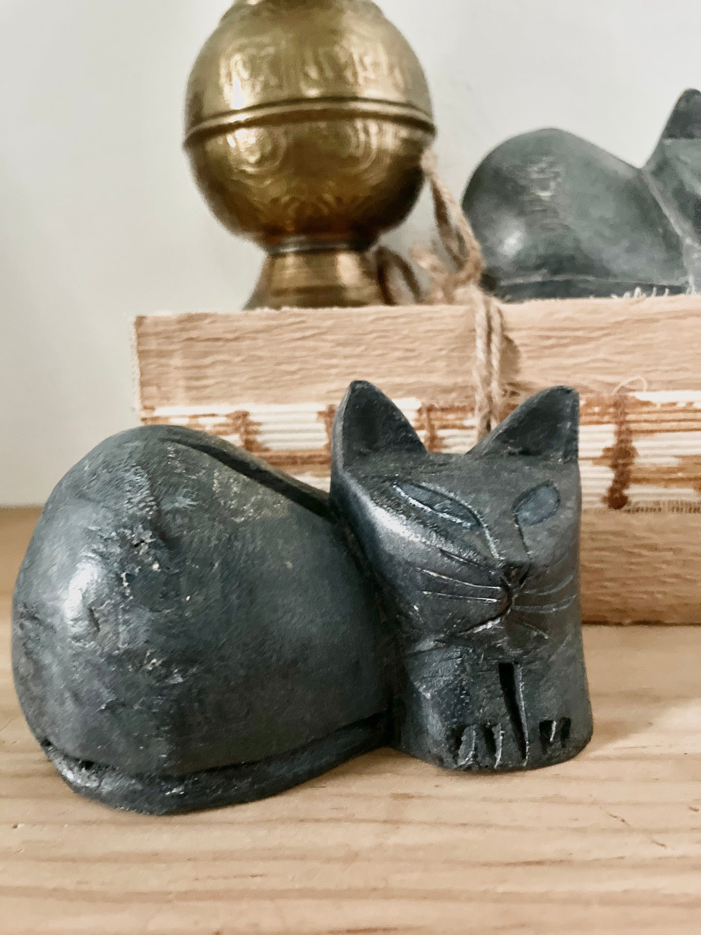 Sold - Folk Art Hand Carved Kittens Blue Eyes Made in Thailand