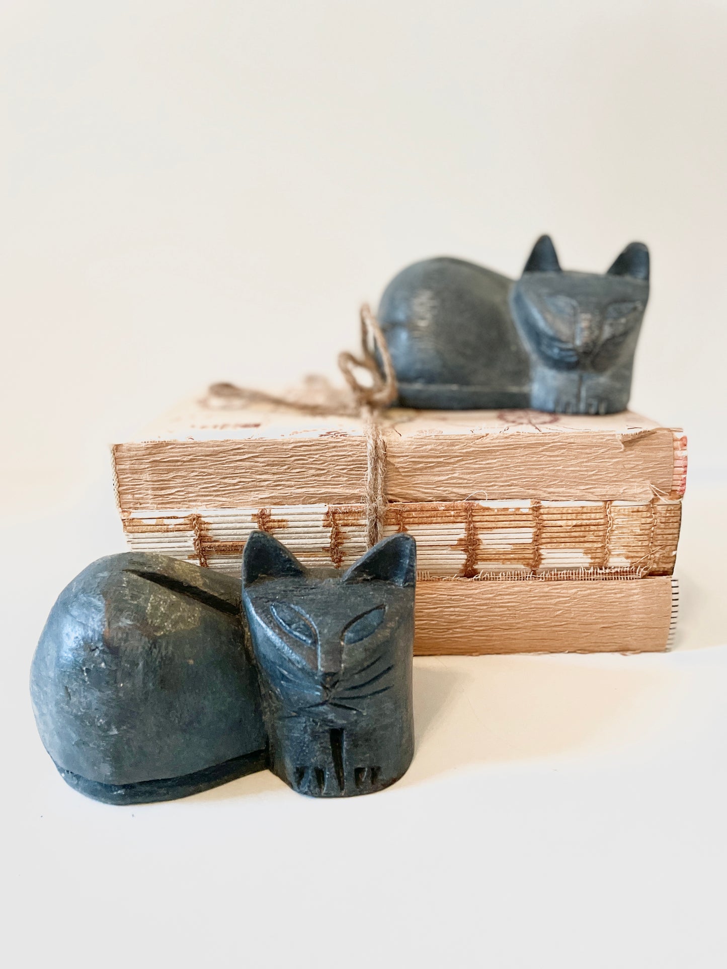 Sold - Folk Art Hand Carved Kittens Blue Eyes Made in Thailand