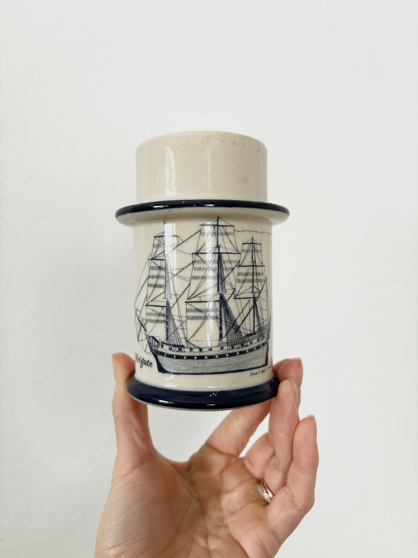 Vintage CCCC Japan Ceramic Candle Holder with Frigate Ship Illustration by Bruce E. Hart