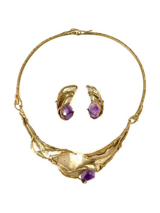 1960s Brutalist Brass & Amethyst Crystal Necklace | Mixed Metal | Avant Garde Necklace