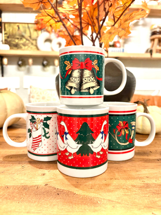 Vintage Coffee Mugs (Set of 4) Retro Ceramic | Holiday Mugs | Rustic Kitchen Decor | Gift for Coffee Lovers